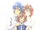  2girls blue_eyes blue_hair brown_hair clannad closed_eyes dress family furukawa_nagisa hinaki holding_hands husband_and_wife multiple_girls okazaki_tomoya okazaki_ushio sailor_dress school_uniform short_hair 