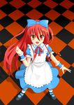  alastor_(shakugan_no_shana) alice_(wonderland) alice_(wonderland)_(cosplay) alice_in_wonderland apron black_footwear blue_bow bow checkered cosplay dress highres jewelry long_hair looking_up mary_janes neon_(noblelot) pendant red_eyes red_hair shakugan_no_shana shana shoes striped striped_legwear 