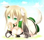  animal_ears bad_id bad_pixiv_id blonde_hair breasts cleavage dog_ears dog_tail eating fantasy_earth green_eyes kuu_(0427) large_breasts ponytail solo tail 