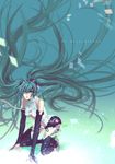  all_fours aqua_eyes aqua_hair bad_id bad_pixiv_id barefoot bridal_gauntlets hatsune_miku hatsune_miku_(append) highres kneeling long_hair navel necktie solo taki_zen'ichi tears thighhighs twintails very_long_hair vocaloid vocaloid_append 