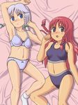  blue_eyes bra braid hong_meiling izayoi_sakuya kt lingerie long_hair multiple_girls panties red_hair short_hair silver_hair sports_bra touhou twin_braids underwear underwear_only 