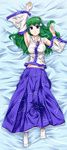  bed blue_eyes dakimakura detached_sleeves frog full_body green_hair hair_ornament highres kochiya_sanae long_hair lying snake solo touhou tsuyadashi_shuuji 