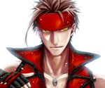  91_(ichi0630) bad_id bad_pixiv_id big_al brown_hair cosplay fingerless_gloves gloves guilty_gear headband jewelry male_focus necklace simple_background skull smile sol_badguy sol_badguy_(cosplay) solo vocaloid yellow_eyes 