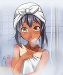  bath black_hair brown_eyes face flat_chest k-on! looking_at_viewer nakano_azusa naked_towel one-piece_tan smile solo steam suikasan tan tanline tile_wall tiles towel towel_on_head water wet 