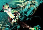  aqua_hair arm_behind_head bad_id bad_pixiv_id bare_shoulders barefoot curved_monitor detached_sleeves dial dutch_angle fingerless_gloves gloves hatsune_miku hatsune_miku_(append) headphones hexagon highres holographic_interface holographic_monitor long_hair monitor navel outstretched_arm panoramic_monitor piano_keys rozer smile solo sparkle twintails very_long_hair vocaloid vocaloid_append waveform 