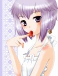  apron ar_tonelico ar_tonelico_iii braid food hair_ornament inumori_sayaka naked_apron purple_eyes purple_hair short_hair solo tako-san_wiener tilia twin_braids 