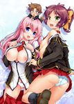  2girls areolae ass bad_id bad_pixiv_id baka_to_test_to_shoukanjuu blue_eyes bow breast_squeeze breasts breasts_outside brown_hair cameltoe flat_chest green_eyes hair_bow himeji_mizuki large_breasts long_hair looking_back multiple_girls necktie nipples no_bra open_clothes open_mouth open_shirt panties pink_hair ponytail pussy_juice school_uniform shimada_minami shiny shiny_skin shirt skirt skirt_pull tosh_(imonade_ryouchou) underwear undressing yoshii_akihisa 