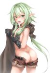  absurdres ass black_gloves blush breasts elf gloves goblin_slayer! green_eyes green_hair hair_censor hair_over_breasts high_elf_archer_(goblin_slayer!) highres long_hair looking_at_viewer open_mouth pointy_ears short simple_background small_breasts solo sutetete teeth torn_clothes twisted_torso white_background 