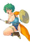  areolae blue_leotard blush breasts circlet cleavage dragon_quest dragon_quest_iv green_hair heroine_(dq4) large_breasts leotard muscle nanboku open_mouth shield short_hair solo sword weapon 