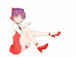  ankleband bangs bare_legs blush bow brooch cat_girl choker commentary_request dress eyebrows_visible_through_hair fang full_body gegege_no_kitarou hair_bow jewelry kenagehanage long_sleeves looking_at_viewer nekomusume nekomusume_(gegege_no_kitarou_6) open_mouth paw_pose pointy_ears purple_hair red_bow red_choker red_dress red_footwear shirt short_hair simple_background solo white_background white_shirt yellow_eyes 