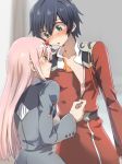  1girl :o aqua_eyes assisted_exposure black_hair blush cosplay costume_switch couple crossdressing darling_in_the_franxx dress eye_contact eyebrows_visible_through_hair hair_between_eyes herozu_(xxhrd) hiro_(darling_in_the_franxx) hiro_(darling_in_the_franxx)_(cosplay) horns long_hair long_sleeves looking_at_another military military_uniform nose_blush pink_hair red_dress smile undressing uniform unzipping zero_two_(darling_in_the_franxx) zero_two_(darling_in_the_franxx)_(cosplay) 