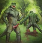  alligator anatomically_correct animal_genitalia anthro barazoku boots cloaca clothing crocodile crocodilian crocodilian_penis erection footwear male mud muscular orcfun partially_submerged pointing reptile scalie swamp tree water 