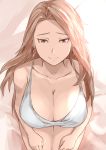  breasts brown_eyes brown_hair cafekun cleavage clenched_hands earrings granblue_fantasy highres jewelry katalina_aryze large_breasts long_hair looking_at_viewer red_eyes seiza sitting solo thigh_gap 