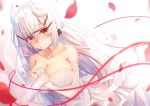  blush breasts bridal_gauntlets brown_eyes choker cleavage collarbone crying crying_with_eyes_open dress eyebrows_visible_through_hair floating_hair flower hair_between_eyes hair_flower hair_ornament hairclip highres horns huge_breasts jewelry long_hair original red_petals red_ribbon ribbon ring shiny shiny_skin silver_hair sleeveless sleeveless_dress solo strapless tatapopo tears very_long_hair wedding_dress white_dress white_flower 