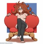  alternate_legwear android_21 barefoot black-framed_eyewear black_nails breasts breasts_apart brown_hair commentary couch crossed_legs detached_sleeves dragon_ball dragon_ball_fighterz dragon_ball_z ear_piercing earrings english_commentary full_body glasses hoop_earrings inverted_nipples jewelry long_hair looking_at_viewer medium_breasts messy_hair nail_polish nipples noise_tanker nude piercing sitting smirk solo thighhighs toeless_legwear toenail_polish toes wide_hips 