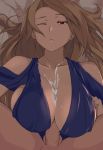 1girl artist_name bare_shoulders blue_dress breasts brown_hair cafekun clothed_female_nude_male cum cum_on_body cum_on_breasts cum_on_upper_body dress granblue_fantasy highres katalina_aryze large_breasts long_hair looking_at_viewer lying nude on_back one_eye_closed paizuri paizuri_under_clothes penis pov red_eyes solo_focus sweat testicles 