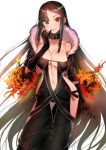  1girl absurdres bangs black_choker black_dress black_gloves breasts brown_hair center_opening choker collarbone consort_yu_(fate) contrapposto dress earrings eyebrows_visible_through_hair fate/grand_order fate_(series) finger_to_mouth fire fur-trimmed_jacket fur_trim gloves highres jacket jewelry kujuu_shikuro large_breasts looking_at_viewer navel revealing_clothes solo strapless strapless_dress stud_earrings white_background 