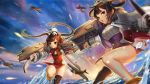 aircraft airplane animal animal_on_head asymmetrical_legwear azur_lane bangs bird black_legwear blue_sky breasts brown_hair cannon china_dress chinese_clothes cloud commentary_request day dress fur-trimmed_jacket fur_trim hair_rings hairpods jacket long_hair long_sleeves looking_at_viewer medium_breasts motion_blur multiple_girls nima_(niru54) ning_hai_(azur_lane) ocean on_head outdoors panda parted_lips pelvic_curtain ping_hai_(azur_lane) puffy_long_sleeves puffy_sleeves purple_dress red_dress red_eyes single_thighhigh sky standing standing_on_one_leg thighhighs twintails very_long_hair water white_jacket 