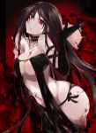  1girl black_choker black_dress black_gloves black_hair blood breasts center_opening choker consort_yu_(fate) dress elbow_gloves fang fate/grand_order fate_(series) from_side glasses gloves hips holding holding_eyewear long_hair looking_at_viewer medium_breasts navel pale_skin parted_lips red_eyes revealing_clothes solo strapless strapless_dress very_long_hair yuki_maccha_(yukimattya10) 