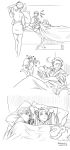  3koma androgynous barefoot bed cairngorm_(houseki_no_kuni) character_doll chibjeo comic greyscale highres houseki_no_kuni monochrome multiple_others pajamas phosphophyllite phosphophyllite_(ll) shiro_(houseki_no_kuni) short_hair silent_comic spoilers stuffed_toy 