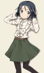  alternate_costume arms_behind_head arms_up bandaid bandaid_on_face belt black_eyes black_hair blush brave_witches casual embarrassed frilled_shirt frills frown kanno_naoe morita_(mmmoritannn) pantyhose shirt simple_background skirt solo sweatdrop world_witches_series 