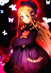  abigail_williams_(fate/grand_order) bangs black_dress black_hat blonde_hair blush bow bug butterfly dress fate/grand_order fate_(series) green_eyes hair_bow hat insect long_hair looking_at_viewer nanasumin object_hug orange_bow parted_bangs purple_bow sleeves_past_fingers sleeves_past_wrists solo stuffed_animal stuffed_toy teddy_bear very_long_hair 