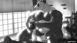  anthro balls bear clothed clothing cup erection headphones humanoid_penis inside loincloth male mammal mature_male monochrome musclegut muscular muscular_male panda pants_down partially_clothed pecs penis sitting solo werethrope 