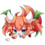  ahoge all_fours bangs blue_eyes blush breathing_fire brown_hair chestnut_mouth chibi commentary_request dragon_girl dragon_horns earrings eyebrows_visible_through_hair fang fire green_wings hair_between_eyes hair_ornament horns jewelry looking_at_viewer muuran open_mouth pointy_ears shironeko_project signature simple_background solo tetra_(shironeko_project) twintails white_background wings 