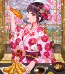  arm_up bangs blush bowl brown_eyes brown_hair commentary danann day eyebrows_visible_through_hair fingernails floral_print flower food hair_flower hair_ornament highres holding holding_food indoors japanese_clothes kimono long_sleeves looking_at_viewer looking_to_the_side nail_polish obi open_mouth original petals pink_flower pink_kimono pink_nails pink_rose print_kimono rose sash sidelocks solo tempura upper_teeth water wide_sleeves window 