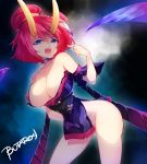  artist_name ass_visible_through_thighs bare_shoulders blue_eyes breasts butaros cleavage detached_sleeves evelynn groin highres horns japanese_clothes kimono large_breasts league_of_legends looking_at_viewer open_mouth red_hair saliva saliva_trail wide_sleeves 