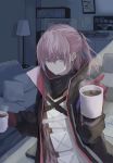  armband armor bangs blue_eyes blue_hair blush closed_mouth coat coffee coffee_mug commentary cup dress drink eyebrows_visible_through_hair floating_hair girls_frontline giving gloves hair_between_eyes hair_ornament highres holding holding_cup indoors lampshade light_smile long_hair looking_at_viewer mod3_(girls_frontline) mug multicolored_hair open_clothes open_coat pink_hair ponytail scarf setsuka_(okuna_sin) sidelocks signature solo st_ar-15_(girls_frontline) steam streaked_hair wind wind_lift 