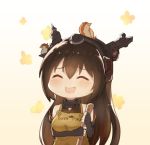  animal animal_on_head apron arito_arayuru bare_shoulders bird bird_on_head black_gloves black_hair broom closed_eyes elbow_gloves fingerless_gloves gloves headgear kantai_collection long_hair nagato_(kantai_collection) on_head open_mouth puka_puka smile solo yellow_apron 