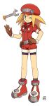  bangs bare_legs belt blonde_hair blush brown_gloves capcom commentary_request full_body gloves green_eyes hand_on_hip hat muu_(mumumer) one_eye_closed red_hat rockman rockman_dash roll_caskett shoes short_sleeves simple_background smile solo white_background wrench zipper zipper_pull_tab 