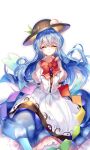  arms_behind_back artist_name black_hat blue_hair blush bow closed_eyes closed_mouth dated facing_viewer food fruit hat highres hinanawi_tenshi ling_mou peach puffy_short_sleeves puffy_sleeves red_bow short_sleeves smile touhou 