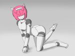  all_fours android ankouankou ass bulge commentary_request full_body hair_over_eyes looking_at_viewer male_focus no_humans otoko_no_ko pink_hair robot_joints robot_neoanthropinae_polynian shamrock_(polynian) smile solo 