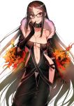  1girl absurdres bangs black-framed_eyewear black_choker black_dress black_gloves breasts brown_hair center_opening choker collarbone consort_yu_(fate) contrapposto dress earrings eyebrows_visible_through_hair fate/grand_order fate_(series) finger_to_mouth fire fur-trimmed_jacket fur_trim glasses gloves highres jacket jewelry kujuu_shikuro large_breasts looking_at_viewer navel revealing_clothes solo strapless strapless_dress stud_earrings white_background 