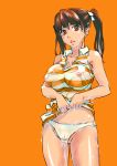  breasts brown_eyes brown_hair collarbone crotch_seam dead_or_alive dead_or_alive_5 dress dress_lift erect_nipples large_breasts lei_fang looking_at_viewer nipples no_bra orange_background panties see-through shirt standing striped striped_shirt twintails underwear wet wet_clothes white_panties wringing_clothes wringing_dress wxp 