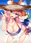  absurdres animal_ears bangs beach bikini bikini_under_clothes blue_bikini blue_innertube blush bracelet breasts collarbone commentary_request day ears_through_headwear fang fate/extra fate/grand_order fate_(series) fox_ears fox_shadow_puppet fox_tail hair_between_eyes hat highres hips innertube jewelry large_breasts long_hair looking_at_viewer nebusoku outdoors parasol pink_hair shirt side-tie_bikini sidelocks smile solo straw_hat sun_hat swimsuit tail tamamo_(fate)_(all) tamamo_no_mae_(fate) tamamo_no_mae_(swimsuit_lancer)_(fate) thighs umbrella wet wet_clothes wet_shirt wet_t-shirt yellow_eyes 