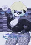  2018 alternate_version_at_source angry bear big_breasts big_butt blonde_hair breasts butt chav cigarette city claws cleavage clothed clothing detailed_background dialogue digital_media_(artwork) ear_piercing english_text fangs female hair jacket leather leather_jacket leopard_print mammal panda piercing short_hair smoking smutbunny sol_paws solo speech_bubble text thick_thighs urban voluptuous wide_hips 