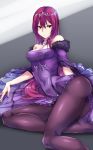  ass bangs bare_shoulders breasts cleavage commentary_request covered_navel detached_collar dress eyebrows_visible_through_hair fate/grand_order fate_(series) fur_trim hair_between_eyes highres hips jewelry long_hair looking_at_viewer lying medium_breasts on_side pantyhose purple_dress purple_hair red_eyes scathach_(fate)_(all) scathach_skadi_(fate/grand_order) shimeno_puni solo thighs tiara 