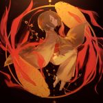 alt_(apou) barefoot black_background black_eyes black_hair blurry branch cherry_blossoms contrast dark fish japanese_clothes kimono koi looking_at_viewer looking_to_the_side orange_(color) original profile short_hair simple_background yin_yang 