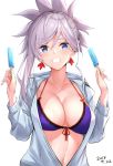  anza_tomo bikini_top blue_eyes breasts cleavage commentary_request earrings fate/grand_order fate_(series) food grin highres holding hood hoodie jewelry large_breasts miyamoto_musashi_(fate/grand_order) navel pink_hair popsicle shirt smile solo stomach upper_body 