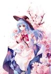  artist_name blue_hair bow cherry_blossoms dated dress floral_background flower food fruit hat hat_flower highres hinanawi_tenshi layered_dress leaf leaning_forward ling_mou long_hair looking_at_viewer peach puffy_short_sleeves puffy_sleeves red_bow red_eyes short_sleeves skirt skirt_hold smile solo spring_(season) touhou twig 