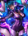  alternate_costume aqua_hair blue_hair bodysuit breasts cleavage cleavage_cutout commentary dj dj_sona fishnets gradient_hair hand_on_headphones hand_on_headset headphones highres large_breasts league_of_legends logan_cure long_hair multicolored_hair neon_lights open_mouth skin_tight sona_buvelle spandex twintails 