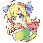  1girl :q ahoge blonde_hair blue_eyes blue_hair blue_ribbon blush body_blush chibi closed_mouth convenient_arm eyebrows_visible_through_hair eyes_visible_through_hair full_body hair_censor hair_over_breasts hair_ribbon hands_on_own_cheeks hands_on_own_face jashin-chan jashin-chan_dropkick lamia long_hair looking_at_viewer monster_girl nude ousawa_kanata pointy_ears ribbon smile solo tongue tongue_out very_long_hair white_background 