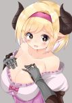  bangs bare_shoulders black_eyes black_gloves blonde_hair blush bow breast_suppress breasts cleavage collarbone commentary_request djeeta_(granblue_fantasy) draph dress elbow_gloves embarrassed eyebrows_visible_through_hair fighter_(granblue_fantasy) frilled_dress frills gauntlets gloves granblue_fantasy grey_background hair_intakes hairband hands_on_own_chest heart heart_bow hidaka0503 highres horns juliet_sleeves large_breasts long_sleeves looking_at_viewer off_shoulder open_mouth pink_bow pointy_ears puffy_sleeves purple_dress purple_hairband raised_eyebrows shiny shiny_hair short_hair short_pointy_ears sidelocks simple_background solo sweatdrop swept_bangs tareme tearing_up tears upper_body 