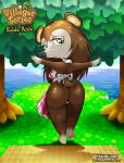  animal_crossing anthro apron breasts brown_fur clothing detailed_background female fur hi_res looking_at_viewer looking_back mammal naked_apron nintendo nipples outside pussy rear_view sable_able side_boob solo standing video_games wastedtimeee 