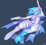  0r0ch1 2015 anthro armwear big_breasts blue_eyes blue_hair breasts cleavage clothed clothing cutie_mark earth_pony elbow_gloves equine fan_character female garter gloves gun hair handgun hi_res holding_object holding_weapon horse leg_garter legwear mammal my_little_pony panties pony pose ranged_weapon revolver simple_background solo thigh_highs underwear weapon 