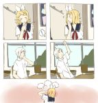  1girl 4koma ahoge blonde_hair blown_kiss blush catching classroom comic covering_mouth embarrassed hetero kagamine_rin school_uniform silent_comic smile tod-mugi utatane_piko vocaloid 