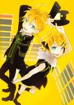  1girl blue_eyes controller game_console game_controller holding_hands kagamine_len kagamine_rin nail_polish project_diva_(series) project_diva_f reciever_(module) remokurin remote_control rimocon_(vocaloid) sega_dreamcast shoes short_hair short_ponytail simple_background transmitter_(module) vocaloid yellow_background yellow_nails 